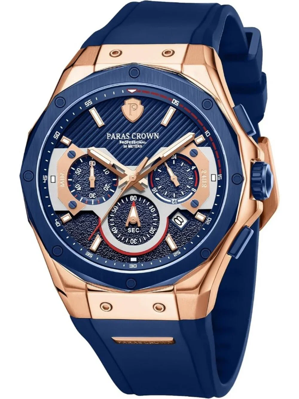 Men's Blue Waterproof Chronograph Silicone Strap Stainless Steel Case Wristwatch